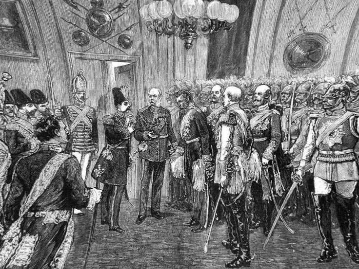 A Full page from the Illustrated 1873 London News, an illustrated weekly newspaper weeks date as shown on top of page, Naser al-Din Shah Qajar, Shah of Persia in Berlin with Germany Emperor William I