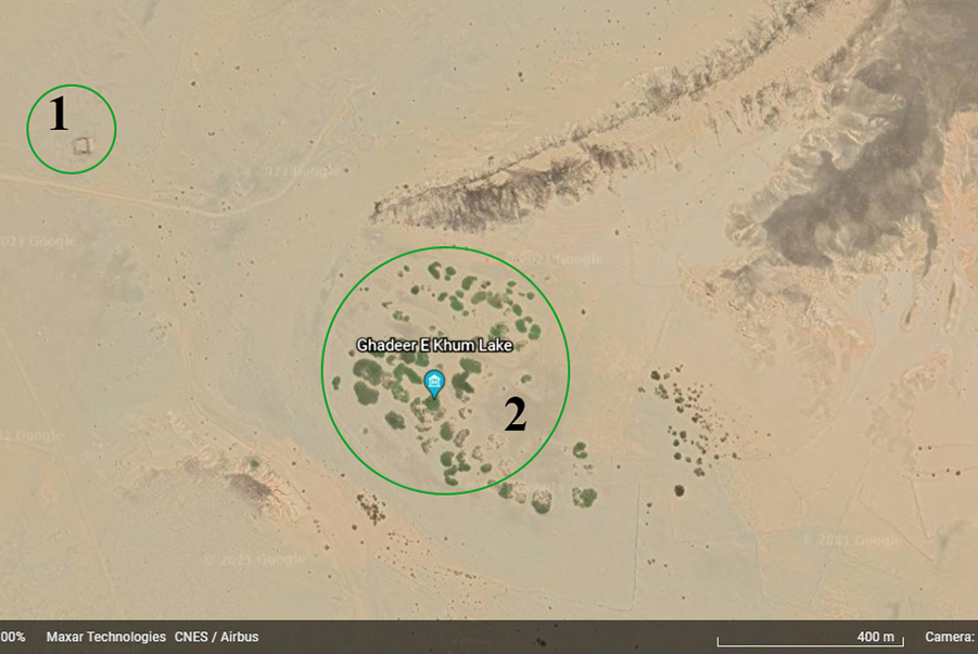 عکس هوایی موقعیت جحفه (1) نسبت به چشمه غدیر (2)